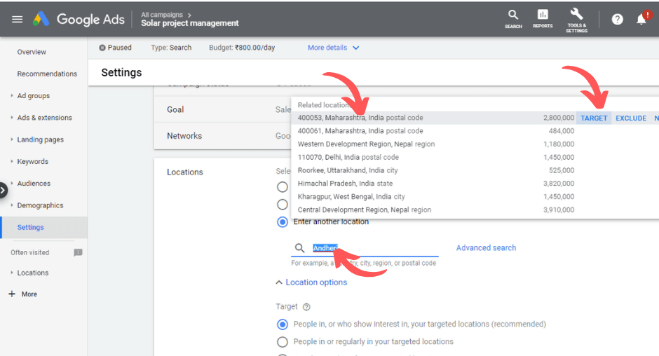 Search and select area to display google ads for commercial solar